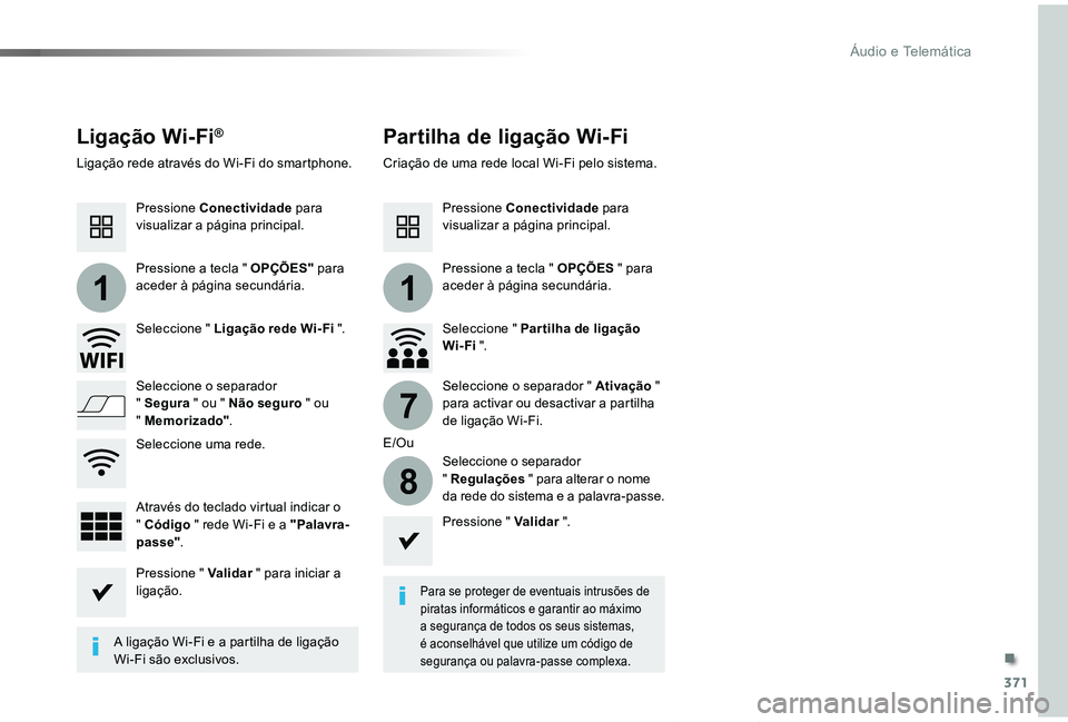 TOYOTA PROACE VERSO 2019  Manual de utilização (in Portuguese) 371
11
7
8
ProaceVerso_pt_Chap10b_NAC-1_ed01-2019
Ligação Wi-Fi®Partilha de ligação Wi-Fi
Para se proteger de eventuais intrusões de piratas informáticos e garantir ao máximo a segurança de t