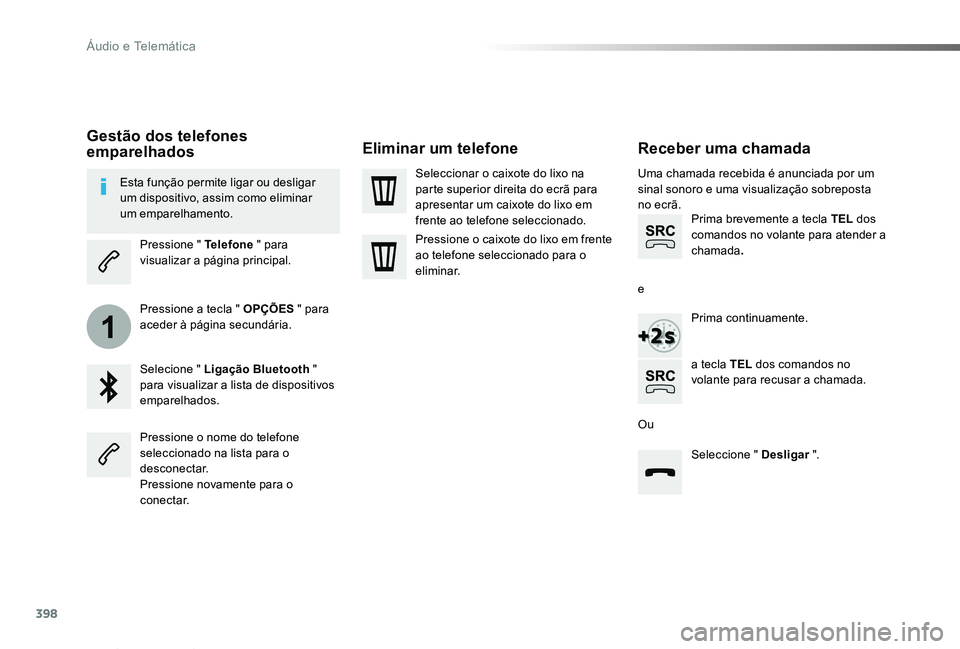 TOYOTA PROACE VERSO 2019  Manual de utilização (in Portuguese) 398
1
ProaceVerso_pt_Chap10b_NAC-1_ed01-2019
Receber uma chamada
Uma chamada recebida é anunciada por um sinal sonoro e uma visualização sobreposta no ecrã.Prima brevemente a tecla TEL dos comando