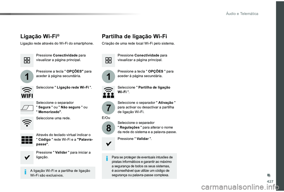 TOYOTA PROACE VERSO 2019  Manual de utilização (in Portuguese) 427
11
7
8
ProaceVerso_pt_Chap10c_RCC-1_ed01-2019
Ligação Wi-Fi®Partilha de ligação Wi-Fi
Para se proteger de eventuais intusões de piratas informáticos e garantir ao máximo a segurança de to