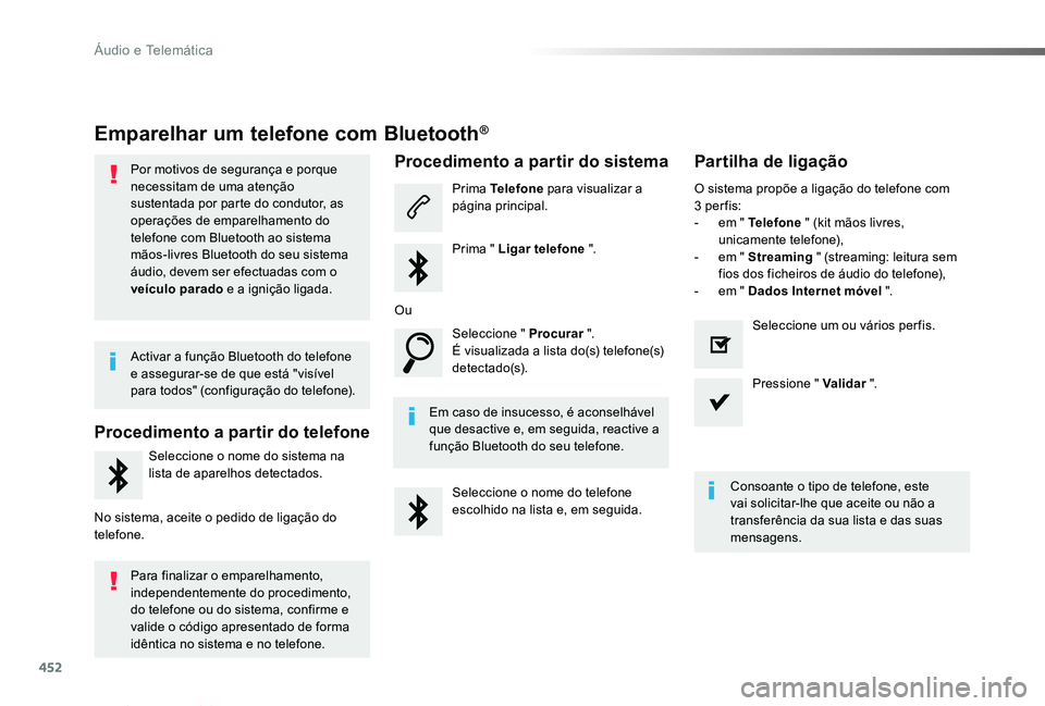 TOYOTA PROACE VERSO 2019  Manual de utilização (in Portuguese) 452
ProaceVerso_pt_Chap10c_RCC-1_ed01-2019
Emparelhar um telefone com Bluetooth®
Por motivos de segurança e porque necessitam de uma atenção sustentada por parte do condutor, as operações de emp