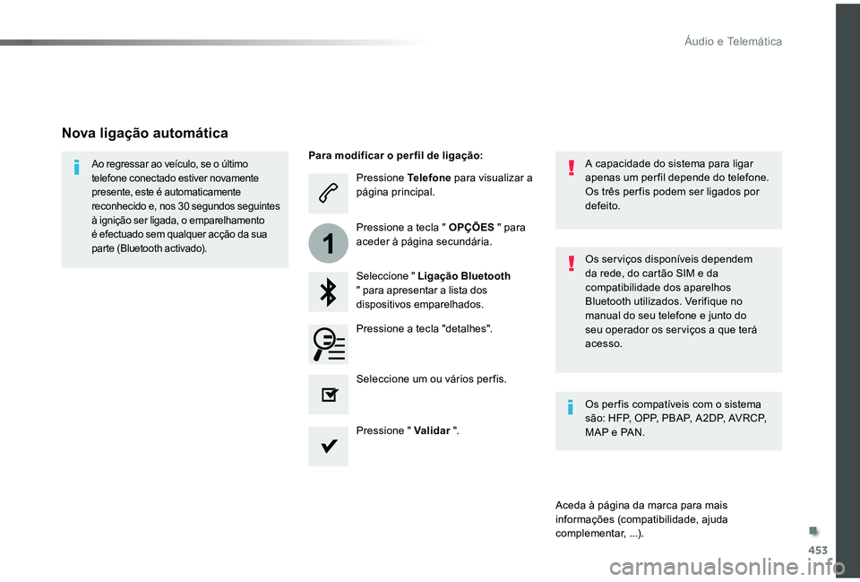 TOYOTA PROACE VERSO 2019  Manual de utilização (in Portuguese) 453
1
ProaceVerso_pt_Chap10c_RCC-1_ed01-2019
Pressione Telefone para visualizar a página principal.
Seleccione " Ligação Bluetooth " para apresentar a lista dos dispositivos emparelhados.
A