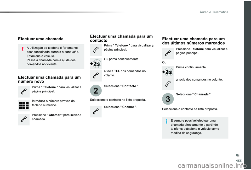 TOYOTA PROACE VERSO 2019  Manual de utilização (in Portuguese) 455
2
3
ProaceVerso_pt_Chap10c_RCC-1_ed01-2019
a tecla dos comandos no volante.
A utilização do telefone é fortemente desaconselhada durante a condução.Estacione o veículo.Passe a chamada com a 