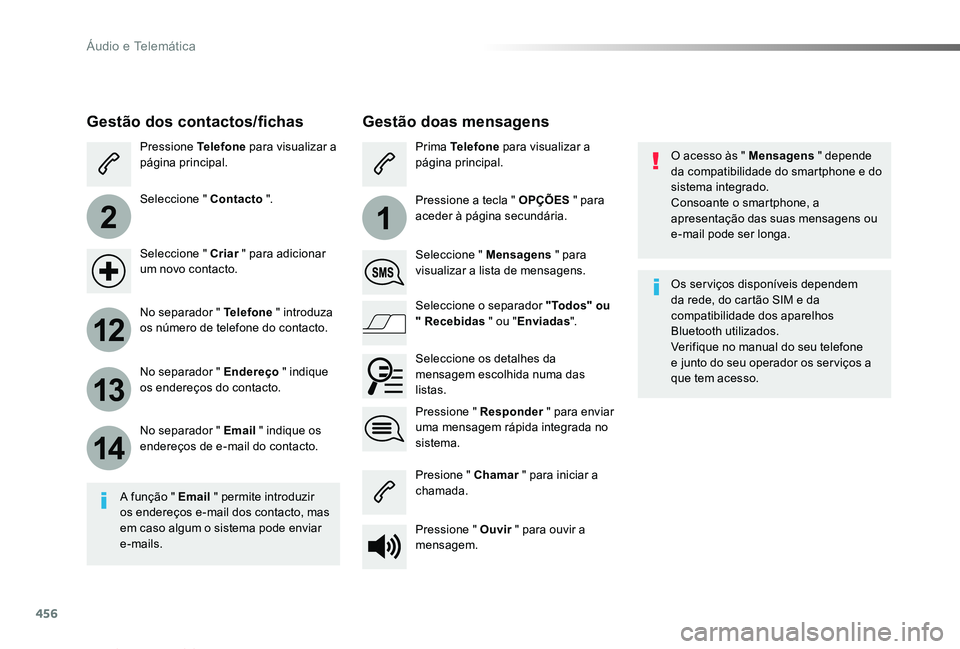TOYOTA PROACE VERSO 2019  Manual de utilização (in Portuguese) 456
2
12
13
14
1
ProaceVerso_pt_Chap10c_RCC-1_ed01-2019
O acesso às " Mensagens " depende da compatibilidade do smartphone e do sistema integrado.Consoante o smartphone, a apresentação das 