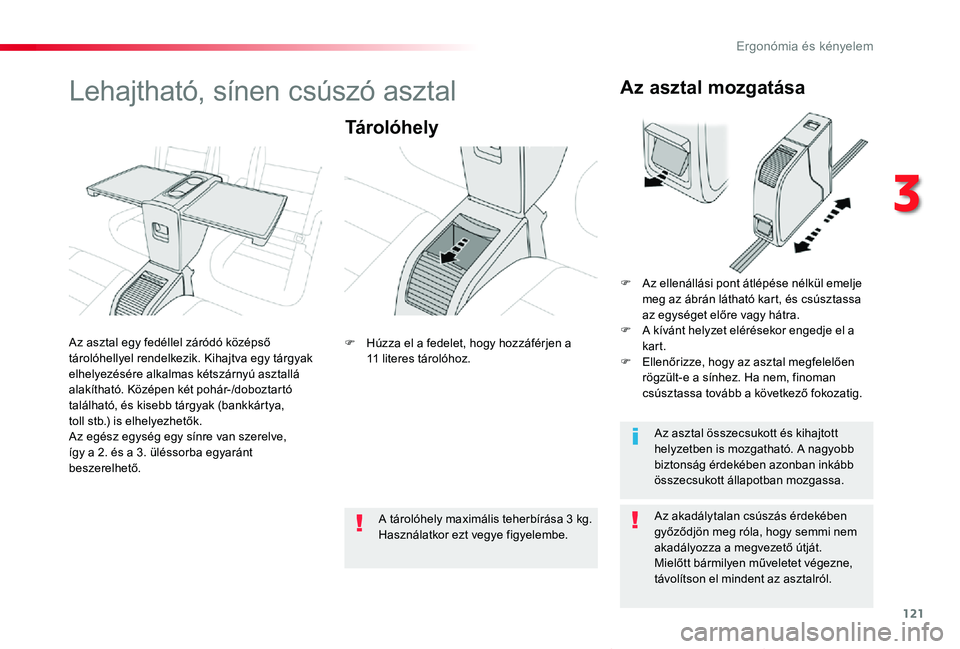 TOYOTA PROACE VERSO 2019  Kezelési útmutató (in Hungarian) 121
Proace verso_hu_Chap03_ergonomie-et-confort_ed01-2019
Lehajtható, sínen csúszó asztal
Tárolóhely
Az akadálytalan csúszás érdekében győződjön meg róla, hogy semmi nem akadályozza a 