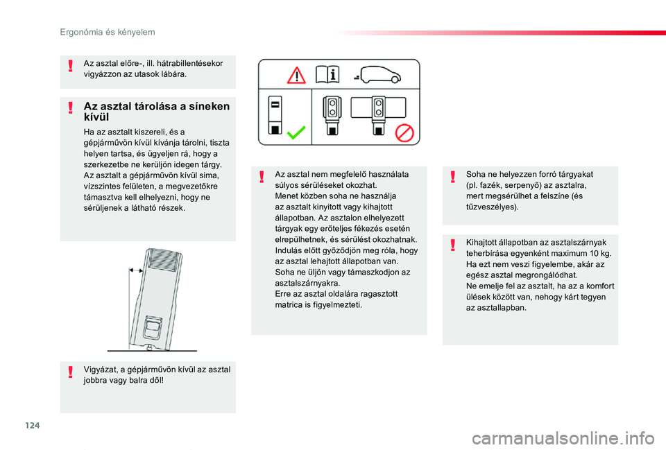 TOYOTA PROACE VERSO 2019  Kezelési útmutató (in Hungarian) 124
Proace verso_hu_Chap03_ergonomie-et-confort_ed01-2019
Az asztal előre-, ill. hátrabillentésekor vigyázzon az utasok lábára.
Az asztal nem megfelelő használata súlyos sérüléseket okozha