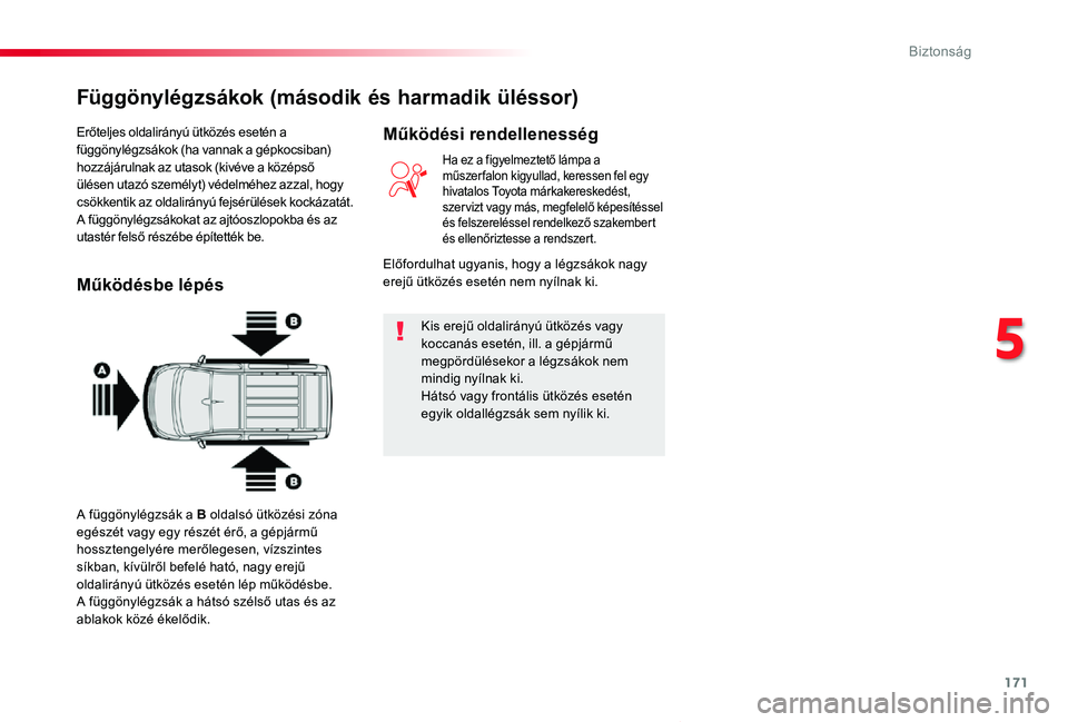 TOYOTA PROACE VERSO 2019  Kezelési útmutató (in Hungarian) 171
Proace verso_hu_Chap05_securite_ed01-2019
Erőteljes oldalirányú ütközés esetén a függönylégzsákok (ha vannak a gépkocsiban) hozzájárulnak az utasok (kivéve a középső ülésen uta