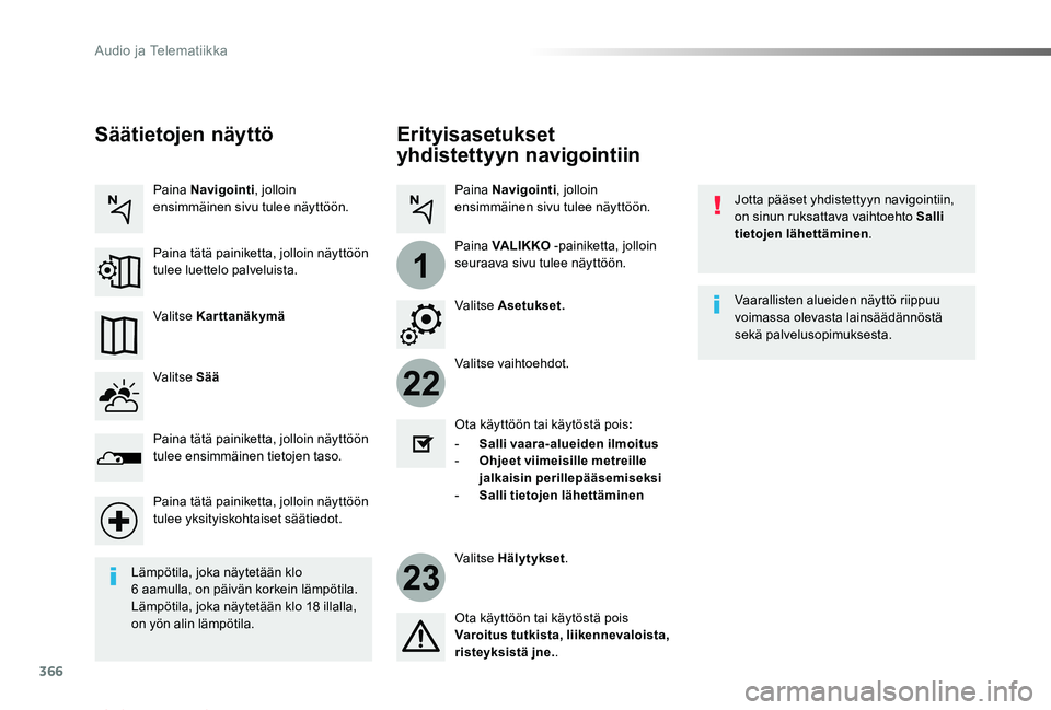 TOYOTA PROACE VERSO 2019 Omistajan Käsikirja (in Finnish) 366
22
23
1
ProaceVerso_fi_Chap10b_NAC-1_ed01-2019
Erityisasetukset
yhdistettyyn navigointiin
Jotta pääset yhdistettyyn navigointiin, on sinun ruksattava vaihtoehto Salli tietojen lähettäminen.
V TOYOTA PROACE VERSO 2019 Omistajan Käsikirja (in Finnish) 366
22
23
1
ProaceVerso_fi_Chap10b_NAC-1_ed01-2019
Erityisasetukset
yhdistettyyn navigointiin
Jotta pääset yhdistettyyn navigointiin, on sinun ruksattava vaihtoehto Salli tietojen lähettäminen.
V