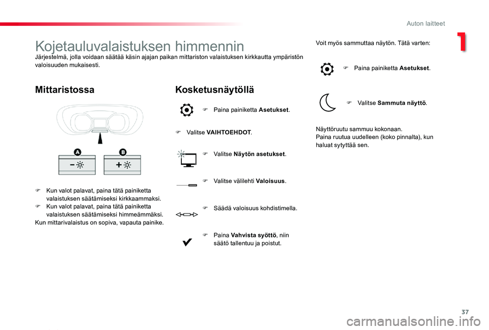 TOYOTA PROACE VERSO 2019  Omistajan Käsikirja (in Finnish) 37
ProaceVerso_fi_Chap01_instruments-de-bord_ed01-2019
Kojetauluvalaistuksen himmenninJärjestelmä, jolla voidaan säätää käsin ajajan paikan mittariston valaistuksen kirkkautta ympäristön valo