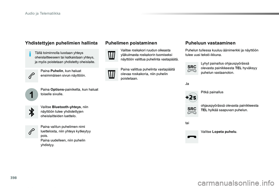 TOYOTA PROACE VERSO 2019 Omistajan Käsikirja (in Finnish) 398
1
ProaceVerso_fi_Chap10b_NAC-1_ed01-2019
Puheluun vastaaminen
Puhelun tullessa kuuluu äänimerkki ja näyttöön tulee uusi teksti-ikkuna.
Lyhyt painallus ohjauspyörässä olevasta painikkeesta TOYOTA PROACE VERSO 2019 Omistajan Käsikirja (in Finnish) 398
1
ProaceVerso_fi_Chap10b_NAC-1_ed01-2019
Puheluun vastaaminen
Puhelun tullessa kuuluu äänimerkki ja näyttöön tulee uusi teksti-ikkuna.
Lyhyt painallus ohjauspyörässä olevasta painikkeesta