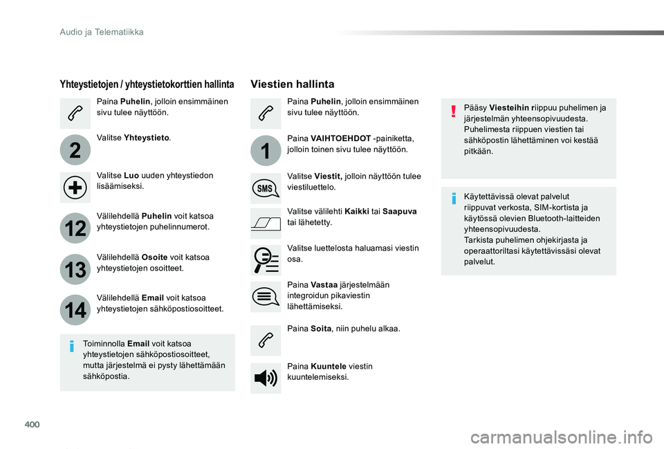TOYOTA PROACE VERSO 2019 Omistajan Käsikirja (in Finnish) 400
2
12
13
14
1
ProaceVerso_fi_Chap10b_NAC-1_ed01-2019
Pääsy Viesteihin riippuu puhelimen ja järjestelmän yhteensopivuudesta.Puhelimesta riippuen viestien tai sähköpostin lähettäminen voi kes TOYOTA PROACE VERSO 2019 Omistajan Käsikirja (in Finnish) 400
2
12
13
14
1
ProaceVerso_fi_Chap10b_NAC-1_ed01-2019
Pääsy Viesteihin riippuu puhelimen ja järjestelmän yhteensopivuudesta.Puhelimesta riippuen viestien tai sähköpostin lähettäminen voi kes