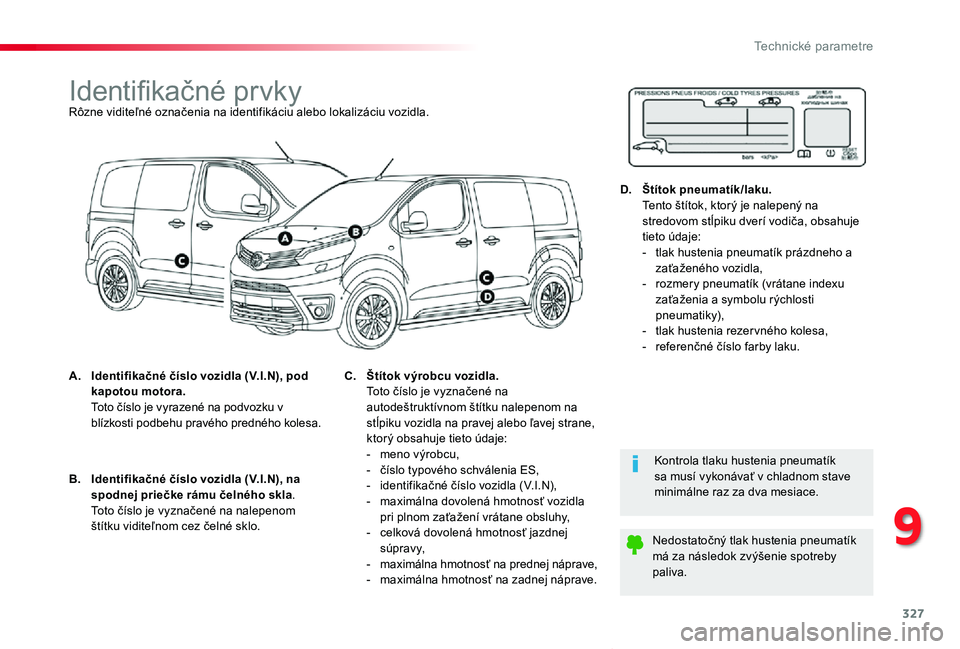 TOYOTA PROACE VERSO 2019 Návod na použitie (in Slovakian) 327
Proace Verso_sk_Chap09_caracteristiques-techniques_ed01-2019
Identifikačné prvkyRôzne viditeľné označenia na identifikáciu alebo lokalizáciu vozidla.
A. Identifikačné číslo vozidla (V. TOYOTA PROACE VERSO 2019 Návod na použitie (in Slovakian) 327
Proace Verso_sk_Chap09_caracteristiques-techniques_ed01-2019
Identifikačné prvkyRôzne viditeľné označenia na identifikáciu alebo lokalizáciu vozidla.
A. Identifikačné číslo vozidla (V.