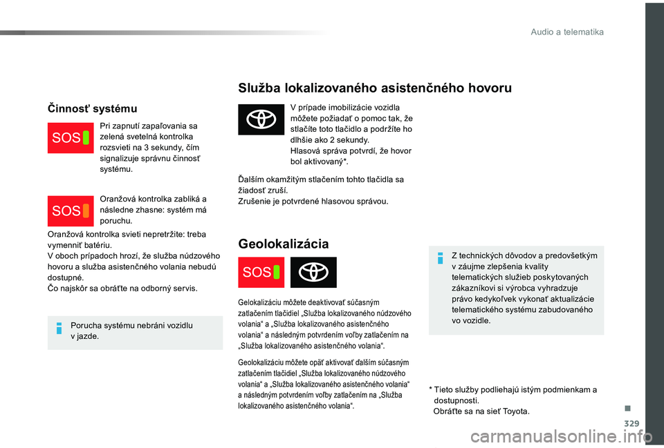 TOYOTA PROACE VERSO 2019 Návod na použitie (in Slovakian) 329
Proace Verso_sk_Chap10a_BTA_ed01-2019
Služba lokalizovaného asistenčného hovoru
Z technických dôvodov a predovšetkým v záujme zlepšenia kvality telematických služieb poskytovaných zá TOYOTA PROACE VERSO 2019 Návod na použitie (in Slovakian) 329
Proace Verso_sk_Chap10a_BTA_ed01-2019
Služba lokalizovaného asistenčného hovoru
Z technických dôvodov a predovšetkým v záujme zlepšenia kvality telematických služieb poskytovaných zá