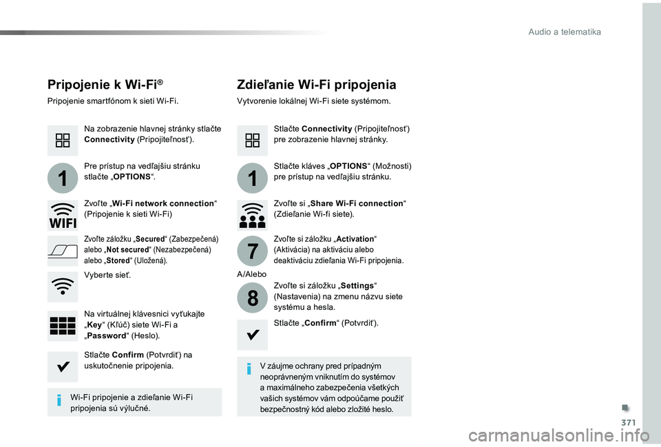 TOYOTA PROACE VERSO 2019 Návod na použitie (in Slovakian) 371
11
7
8
Proace Verso_sk_Chap10b_NAC-1_ed01-2019
Pripojenie k Wi-Fi®Zdieľanie Wi-Fi pripojenia
V záujme ochrany pred prípadným neoprávneným vniknutím do systémov a maximálneho zabezpečeni TOYOTA PROACE VERSO 2019 Návod na použitie (in Slovakian) 371
11
7
8
Proace Verso_sk_Chap10b_NAC-1_ed01-2019
Pripojenie k Wi-Fi®Zdieľanie Wi-Fi pripojenia
V záujme ochrany pred prípadným neoprávneným vniknutím do systémov a maximálneho zabezpečeni