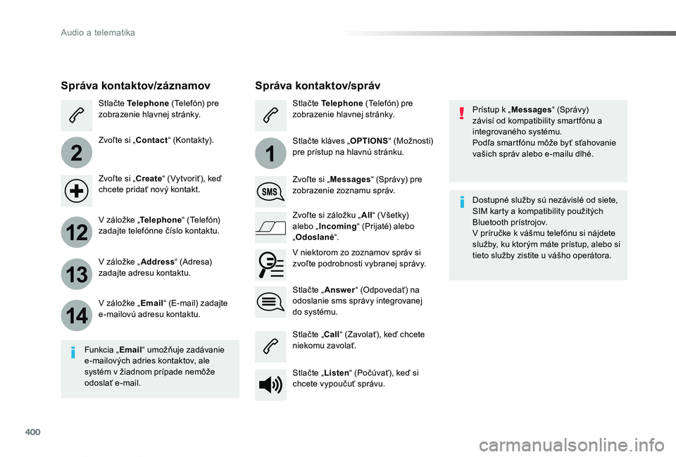 TOYOTA PROACE VERSO 2019  Návod na použitie (in Slovakian) 400
2
12
13
14
1
Proace Verso_sk_Chap10b_NAC-1_ed01-2019
Prístup k „Messages“ (Správy) závisí od kompatibility smartfónu a integrovaného systému.Podľa smartfónu môže byť sťahovanie va