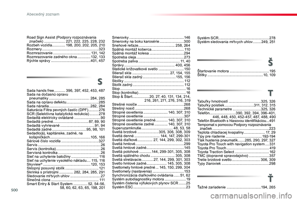 TOYOTA PROACE VERSO 2019 Návod na použitie (in Slovakian) 500
Proace Verso_sk_Chap11_index-alpha_ed01-2019
Systém SCR ..................................................278Systém sledovania mŕ tvych uhlov ........249, 2 51
Štartovanie motora ............. TOYOTA PROACE VERSO 2019 Návod na použitie (in Slovakian) 500
Proace Verso_sk_Chap11_index-alpha_ed01-2019
Systém SCR ..................................................278Systém sledovania mŕ tvych uhlov ........249, 2 51
Štartovanie motora .............