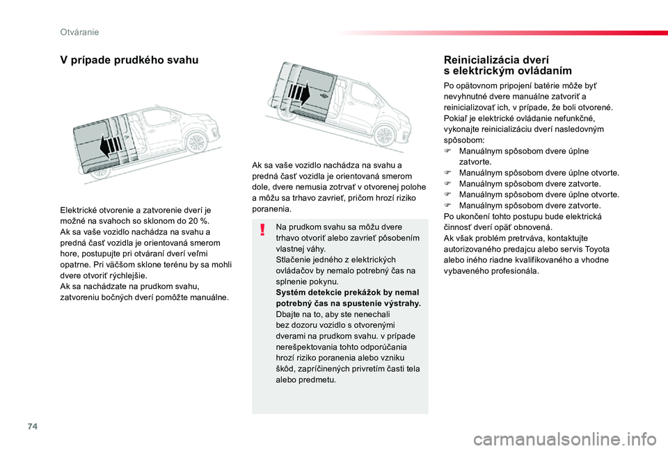 TOYOTA PROACE VERSO 2019  Návod na použitie (in Slovakian) 74
Proace Verso_sk_Chap02_ouvertures_ed01-2019
Na prudkom svahu sa môžu dvere trhavo otvoriť alebo zavrieť pôsobením vlastnej váhy.Stlačenie jedného z elektrických ovládačov by nemalo potr