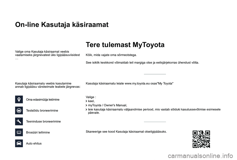 TOYOTA PROACE VERSO 2019 Kasutusjuhend (in Estonian) Proace verso_et_Chap00_couv-imprimeur_ed01-2019
Kasutaja käsiraamatu veebis kasutamine annab ligipääsu värskeimale teabele järgnevas:
On-line Kasutaja käsiraamat
Kasutaja käsiraamatu leiate www TOYOTA PROACE VERSO 2019 Kasutusjuhend (in Estonian) Proace verso_et_Chap00_couv-imprimeur_ed01-2019
Kasutaja käsiraamatu veebis kasutamine annab ligipääsu värskeimale teabele järgnevas:
On-line Kasutaja käsiraamat
Kasutaja käsiraamatu leiate www