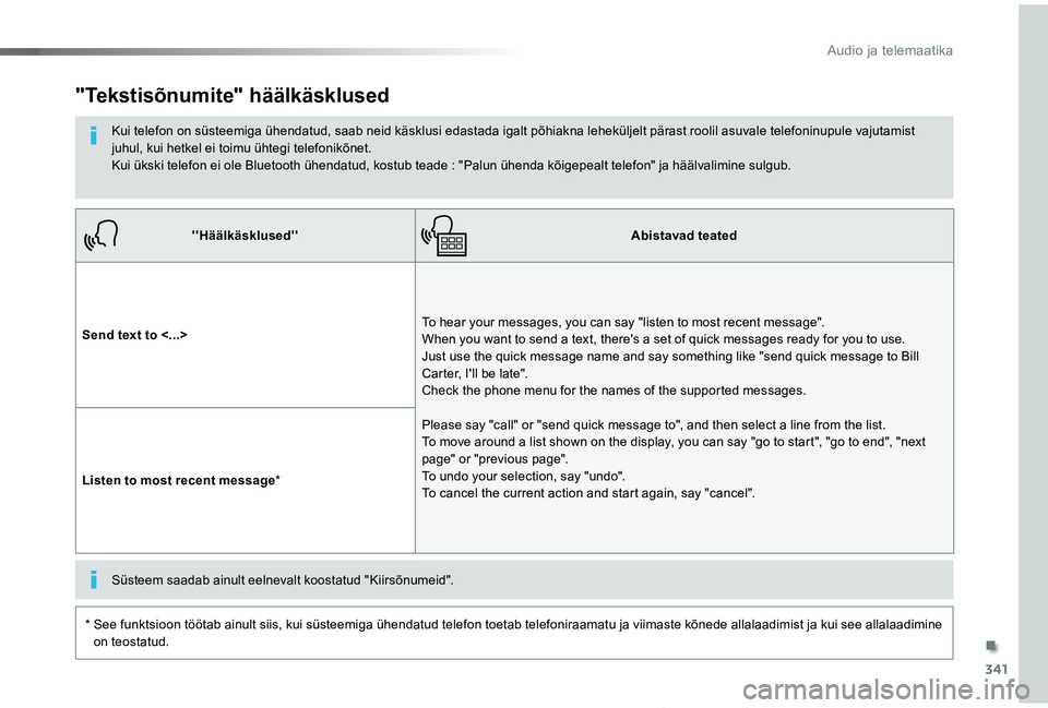 TOYOTA PROACE VERSO 2019  Kasutusjuhend (in Estonian) 341
Proace verso_et_Chap10b_NAC-1_ed01-2019
''Häälkäsklused''Abistavad teated
Send text to <...>To hear your messages, you can say "listen to most recent message".  When you