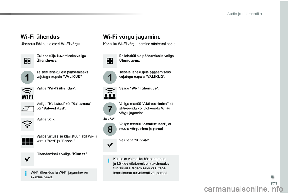 TOYOTA PROACE VERSO 2019  Kasutusjuhend (in Estonian) 371
11
7
8
Proace verso_et_Chap10b_NAC-1_ed01-2019
Wi-Fi ühendusWi-Fi võrgu jagamine
Kaitseks võimalike häkkerite eest ja kõikide süsteemide maksimaalse turvalisuse tagamiseks kasutage keerukama