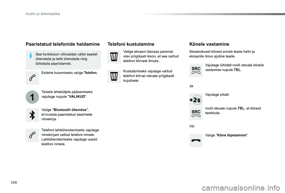 TOYOTA PROACE VERSO 2019  Kasutusjuhend (in Estonian) 398
1
Proace verso_et_Chap10b_NAC-1_ed01-2019
Kõnele vastamine
Sissetulevast kõnest annab teada helin ja ekraanile ilmuv ajutine teade.
Vajutage lühidalt roolil olevale kõnele vastamise nupule TEL