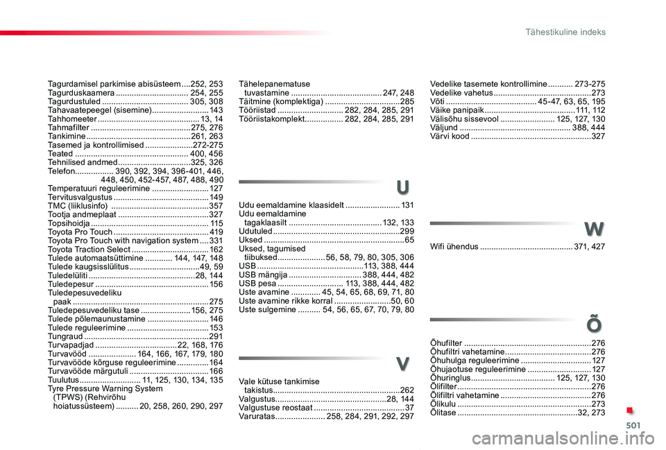 TOYOTA PROACE VERSO 2019  Kasutusjuhend (in Estonian) 501
Proace verso_et_Chap11_index-alpha_ed01-2019
Tähelepanematuse  tuvastamine ........................................247, 248Täitmine (komplektiga) .................................285Tööriistad