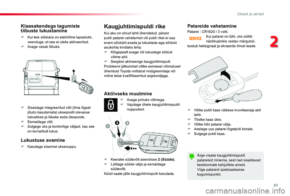 TOYOTA PROACE VERSO 2019  Kasutusjuhend (in Estonian) 51
Proace verso_et_Chap02_ouvertures_ed01-2019
Patareide vahetamine
Ärge visake kaugjuhtimispuldi patareisid minema, sest nad sisaldavad keskkonnale kahjulikke aineid.Viige patareid spetsiaalsesse ko