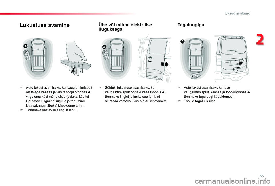 TOYOTA PROACE VERSO 2019  Kasutusjuhend (in Estonian) 55
Proace verso_et_Chap02_ouvertures_ed01-2019
Lukustuse avamine
F Auto lukust avamiseks, kui kaugjuhtimispult on teiega kaasas ja viibite tööpiirkonnas A, viige oma käsi mõne ukse (esiuks, käsit