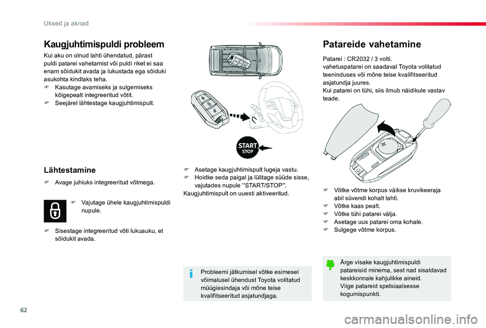 TOYOTA PROACE VERSO 2019  Kasutusjuhend (in Estonian) 62
Proace verso_et_Chap02_ouvertures_ed01-2019
Patareide vahetamine
Patarei : CR2032 / 3 volti.vahetuspatarei on saadaval Toyota volitatud teeninduses või mõne teise kvalifitseeritud asjatundja juur
