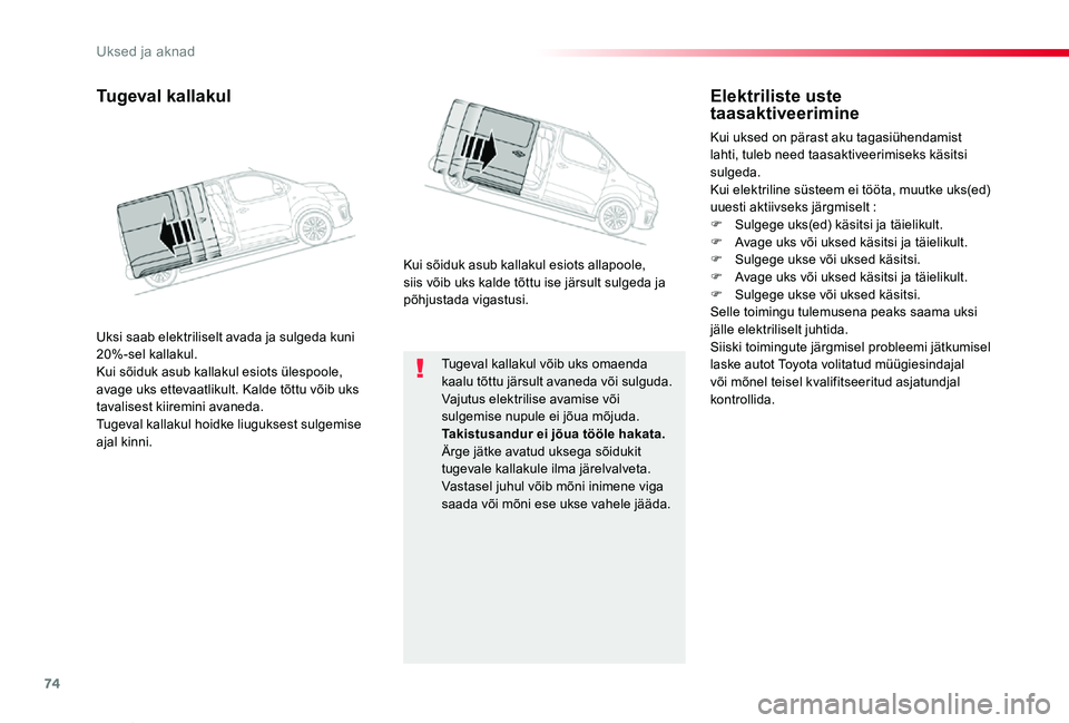 TOYOTA PROACE VERSO 2019 Kasutusjuhend (in Estonian) 74
Proace verso_et_Chap02_ouvertures_ed01-2019
Tugeval kallakul võib uks omaenda kaalu tõttu järsult avaneda või sulguda.Vajutus elektrilise avamise või sulgemise nupule ei jõua mõjuda.Takistus TOYOTA PROACE VERSO 2019 Kasutusjuhend (in Estonian) 74
Proace verso_et_Chap02_ouvertures_ed01-2019
Tugeval kallakul võib uks omaenda kaalu tõttu järsult avaneda või sulguda.Vajutus elektrilise avamise või sulgemise nupule ei jõua mõjuda.Takistus