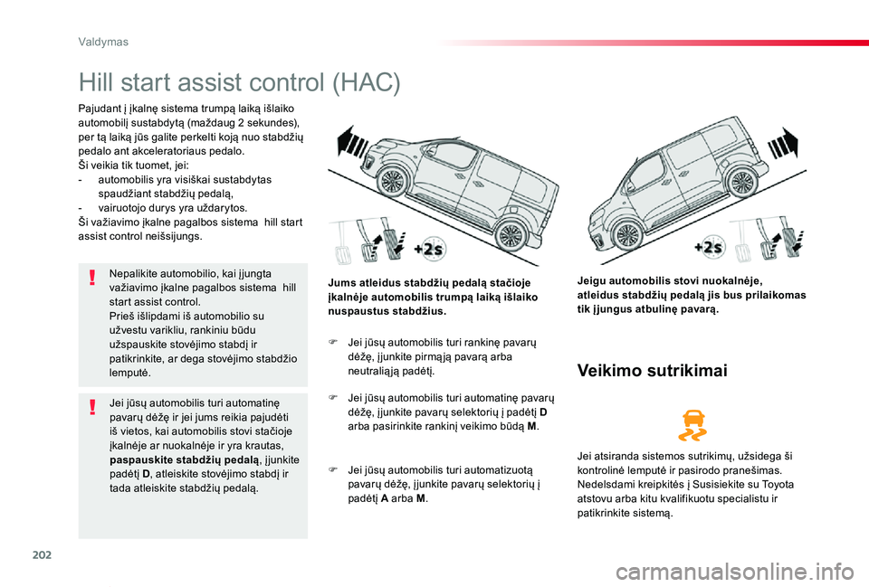 TOYOTA PROACE VERSO 2019 Eksploatavimo vadovas (in Lithuanian) 202
Proace verso_LT_Chap06_conduite_ed01-2019
Hill start assist control (HAC)
Pajudant į įkalnę sistema trumpą laiką išlaiko automobilį sustabdytą (maždaug 2 sekundes), per tą laiką jūs ga TOYOTA PROACE VERSO 2019 Eksploatavimo vadovas (in Lithuanian) 202
Proace verso_LT_Chap06_conduite_ed01-2019
Hill start assist control (HAC)
Pajudant į įkalnę sistema trumpą laiką išlaiko automobilį sustabdytą (maždaug 2 sekundes), per tą laiką jūs ga