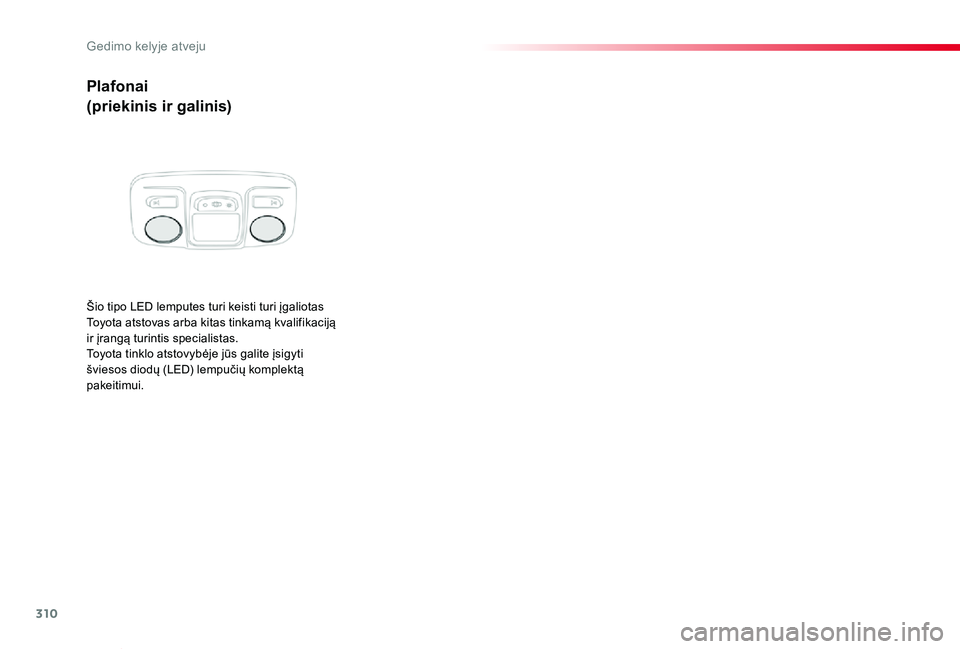 TOYOTA PROACE VERSO 2019 Eksploatavimo vadovas (in Lithuanian) 310
Proace verso_LT_Chap08_En-cas-de-panne_ed01-2019
Plafonai
(priekinis ir galinis)
Šio tipo LED lemputes turi keisti turi įgaliotas Toyota atstovas arba kitas tinkamą kvalifikaciją ir įrangą t TOYOTA PROACE VERSO 2019 Eksploatavimo vadovas (in Lithuanian) 310
Proace verso_LT_Chap08_En-cas-de-panne_ed01-2019
Plafonai
(priekinis ir galinis)
Šio tipo LED lemputes turi keisti turi įgaliotas Toyota atstovas arba kitas tinkamą kvalifikaciją ir įrangą t