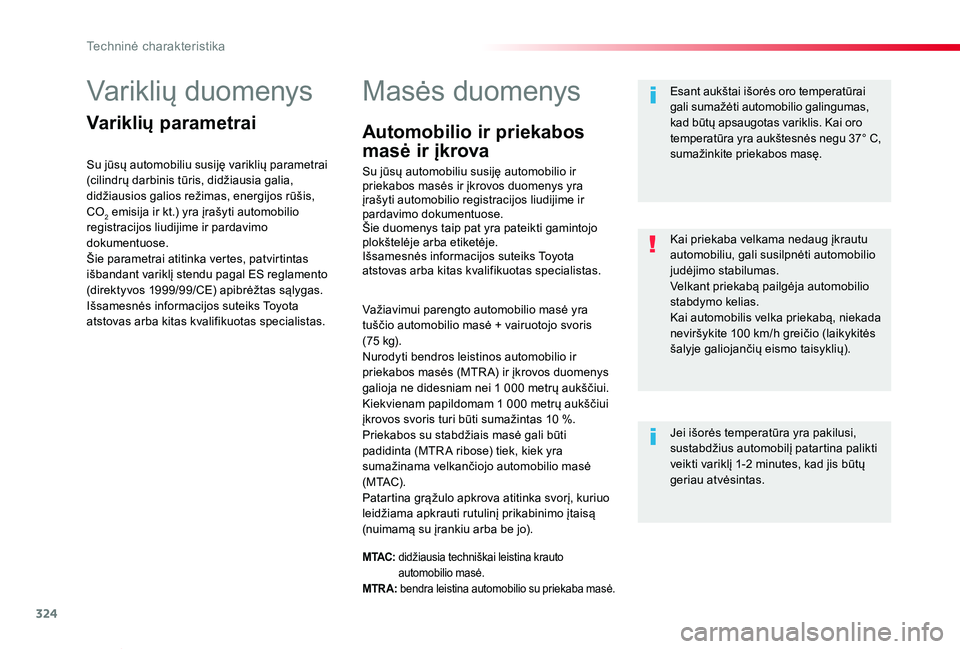 TOYOTA PROACE VERSO 2019 Eksploatavimo vadovas (in Lithuanian) 324
Proace verso_LT_Chap09_caracteristiques-techniques_ed01-2019
Variklių duomenys
Variklių parametrai
Su jūsų automobiliu susiję variklių parametrai (cilindrų darbinis tūris, didžiausia gali TOYOTA PROACE VERSO 2019 Eksploatavimo vadovas (in Lithuanian) 324
Proace verso_LT_Chap09_caracteristiques-techniques_ed01-2019
Variklių duomenys
Variklių parametrai
Su jūsų automobiliu susiję variklių parametrai (cilindrų darbinis tūris, didžiausia gali