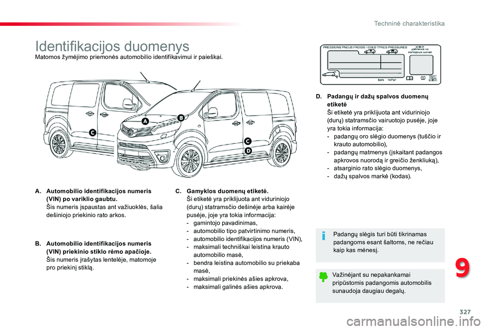 TOYOTA PROACE VERSO 2019 Eksploatavimo vadovas (in Lithuanian) 327
Proace verso_LT_Chap09_caracteristiques-techniques_ed01-2019
Identifikacijos duomenysMatomos žymėjimo priemonės automobilio identifikavimui ir paieškai.
A. Automobilio identifikacijos numeris TOYOTA PROACE VERSO 2019 Eksploatavimo vadovas (in Lithuanian) 327
Proace verso_LT_Chap09_caracteristiques-techniques_ed01-2019
Identifikacijos duomenysMatomos žymėjimo priemonės automobilio identifikavimui ir paieškai.
A. Automobilio identifikacijos numeris