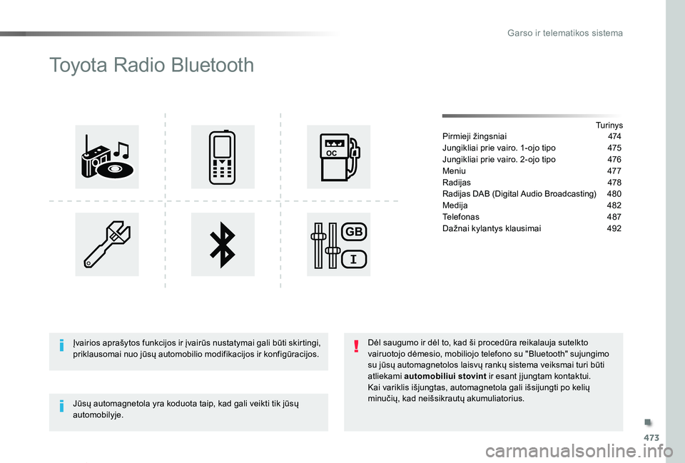 TOYOTA PROACE VERSO 2019 Eksploatavimo vadovas (in Lithuanian) 473
Proace verso_LT_Chap10d_RD6_ed01-2019
Toyota Radio Bluetooth
Tu r i n y sPirmieji žingsniai 474
Jungikliai prie vairo. 1-ojo tipo 475
Jungikliai prie vairo. 2-ojo tipo 476
Meniu 477
Radijas 4 TOYOTA PROACE VERSO 2019 Eksploatavimo vadovas (in Lithuanian) 473
Proace verso_LT_Chap10d_RD6_ed01-2019
Toyota Radio Bluetooth
Tu r i n y sPirmieji žingsniai 474
Jungikliai prie vairo. 1-ojo tipo 475
Jungikliai prie vairo. 2-ojo tipo 476
Meniu 477
Radijas 4