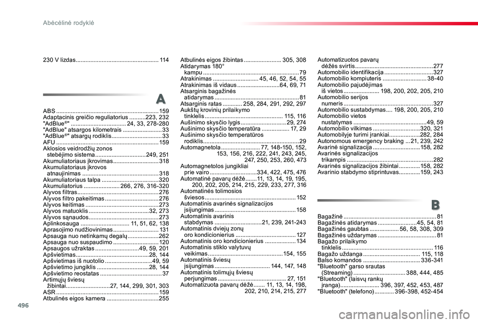 TOYOTA PROACE VERSO 2019 Eksploatavimo vadovas (in Lithuanian) 496
Proace verso_LT_Chap11_index-alpha_ed01-2019
230 V lizdas ...................................................114Atbulinės eigos žibintas .......................305, 308Atidarymas 180° kampu TOYOTA PROACE VERSO 2019 Eksploatavimo vadovas (in Lithuanian) 496
Proace verso_LT_Chap11_index-alpha_ed01-2019
230 V lizdas ...................................................114Atbulinės eigos žibintas .......................305, 308Atidarymas 180° kampu