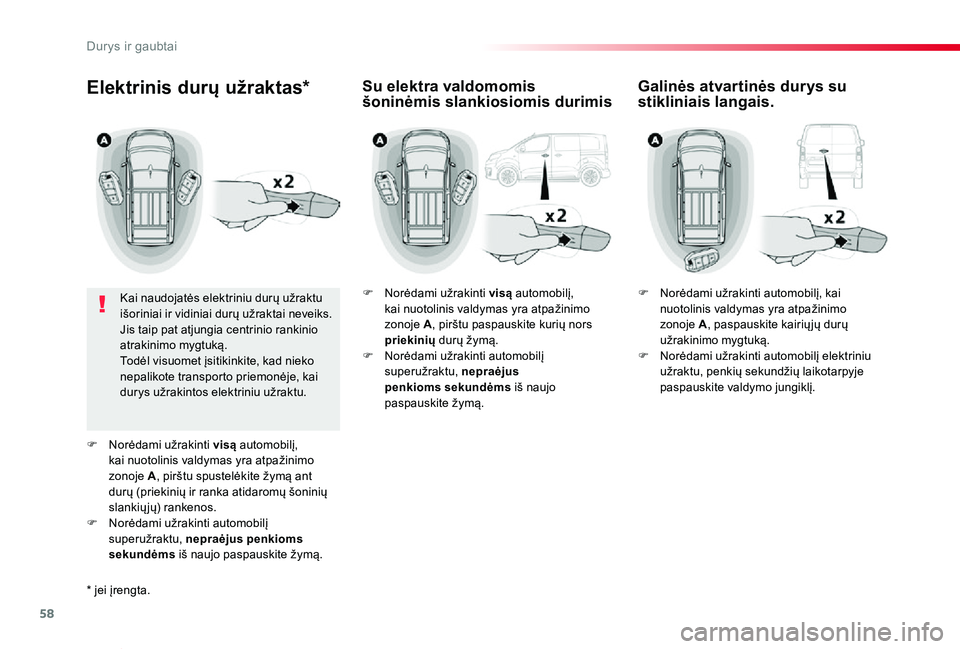 TOYOTA PROACE VERSO 2019 Eksploatavimo vadovas (in Lithuanian) 58
Proace verso_LT_Chap02_ouvertures_ed01-2019
Elektrinis durų užraktas*
Kai naudojatės elektriniu durų užraktu išoriniai ir vidiniai durų užraktai neveiks.Jis taip pat atjungia centrinio rank TOYOTA PROACE VERSO 2019 Eksploatavimo vadovas (in Lithuanian) 58
Proace verso_LT_Chap02_ouvertures_ed01-2019
Elektrinis durų užraktas*
Kai naudojatės elektriniu durų užraktu išoriniai ir vidiniai durų užraktai neveiks.Jis taip pat atjungia centrinio rank