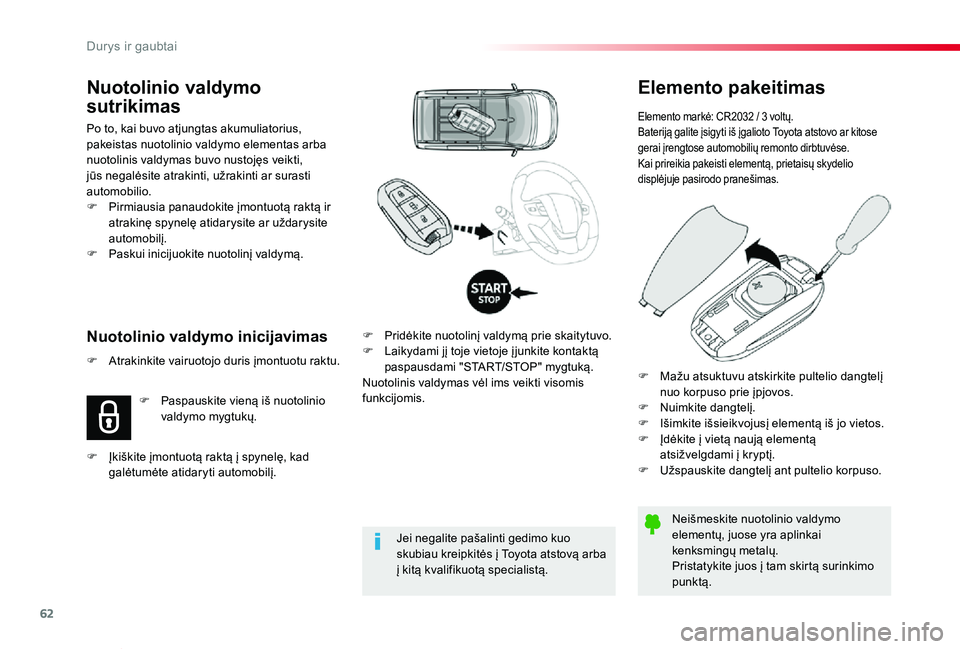 TOYOTA PROACE VERSO 2019 Eksploatavimo vadovas (in Lithuanian) 62
Proace verso_LT_Chap02_ouvertures_ed01-2019
Elemento pakeitimas
Elemento markė: CR2032 / 3 voltų.Bateriją galite įsigyti iš įgalioto Toyota atstovo ar kitose gerai įrengtose automobilių rem TOYOTA PROACE VERSO 2019 Eksploatavimo vadovas (in Lithuanian) 62
Proace verso_LT_Chap02_ouvertures_ed01-2019
Elemento pakeitimas
Elemento markė: CR2032 / 3 voltų.Bateriją galite įsigyti iš įgalioto Toyota atstovo ar kitose gerai įrengtose automobilių rem