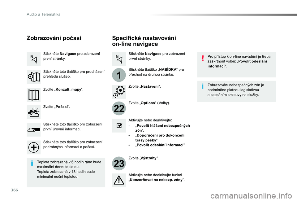 TOYOTA PROACE VERSO 2019 Návod na použití (in Czech) 366
22
23
1
Proace verso_cs_Chap10b_NAC-1_ed01-2019
Specifické nastavování
on-line navigace
Pro přístup k on-line navádění je třeba zaškrtnout volbu: „Povolit odeslání informací“.
Zv TOYOTA PROACE VERSO 2019 Návod na použití (in Czech) 366
22
23
1
Proace verso_cs_Chap10b_NAC-1_ed01-2019
Specifické nastavování
on-line navigace
Pro přístup k on-line navádění je třeba zaškrtnout volbu: „Povolit odeslání informací“.
Zv
