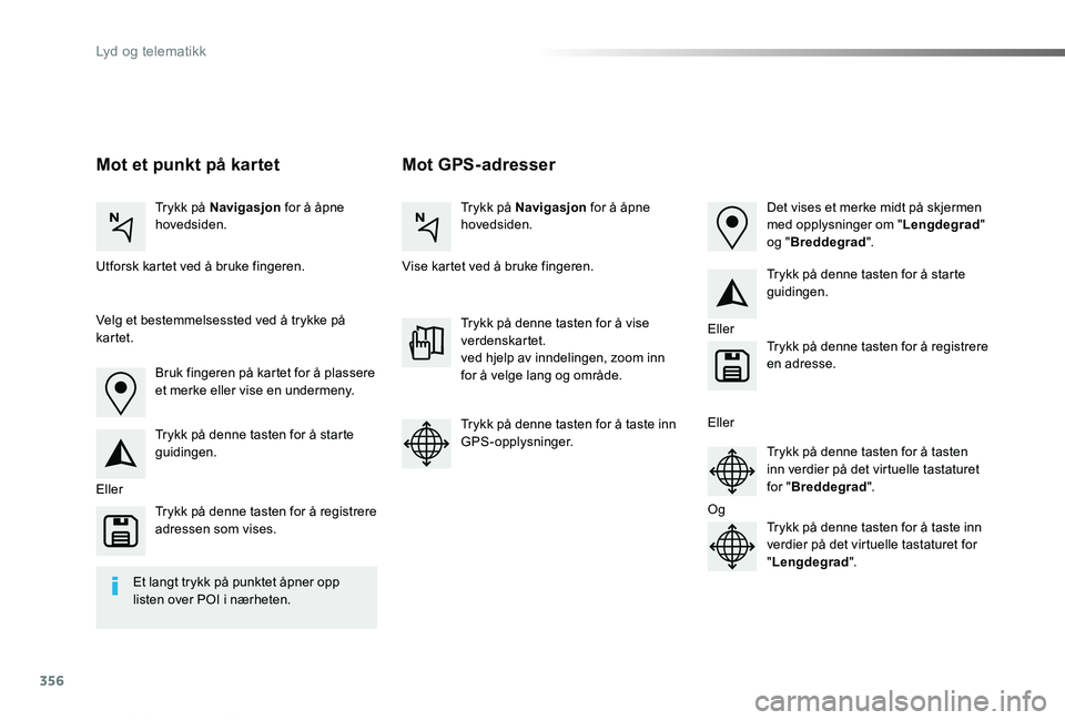 TOYOTA PROACE VERSO 2019  Instruksjoner for bruk (in Norwegian) 356
ProAce_verso_NO_Chap10b_NAC-1_ed01-2019
Mot GPS-adresserMot et punkt på kartet
Trykk på Navigasjon for å åpne hovedsiden.Trykk på Navigasjon for å åpne hovedsiden.
Utforsk kartet ved å bru