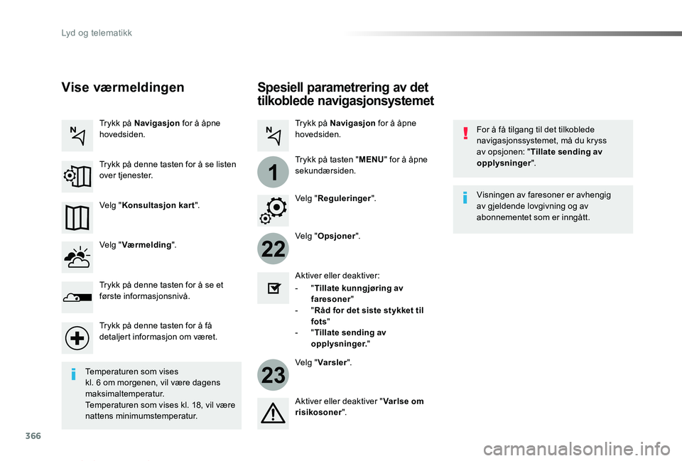 TOYOTA PROACE VERSO 2019 Instruksjoner for bruk (in Norwegian) 366
22
23
1
ProAce_verso_NO_Chap10b_NAC-1_ed01-2019
Spesiell parametrering av det
tilkoblede navigasjonsystemet
For å få tilgang til det tilkoblede navigasjonssystemet, må du kryss av opsjonen: TOYOTA PROACE VERSO 2019 Instruksjoner for bruk (in Norwegian) 366
22
23
1
ProAce_verso_NO_Chap10b_NAC-1_ed01-2019
Spesiell parametrering av det
tilkoblede navigasjonsystemet
For å få tilgang til det tilkoblede navigasjonssystemet, må du kryss av opsjonen: