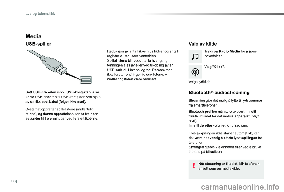 TOYOTA PROACE VERSO 2019 Instruksjoner for bruk (in Norwegian) 444
ProAce_verso_NO_Chap10c_RCC-1_ed01-2019
Media
USB-spillerValg av kilde
Velg "Kilde".
Trykk på Radio Media for å åpne hovedsiden.
Systemet oppretter spillelistene (midlertidig minne), og TOYOTA PROACE VERSO 2019 Instruksjoner for bruk (in Norwegian) 444
ProAce_verso_NO_Chap10c_RCC-1_ed01-2019
Media
USB-spillerValg av kilde
Velg "Kilde".
Trykk på Radio Media for å åpne hovedsiden.
Systemet oppretter spillelistene (midlertidig minne), og