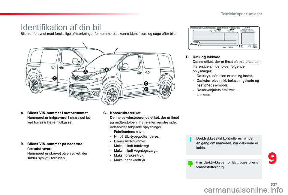TOYOTA PROACE VERSO 2019  Brugsanvisning (in Danish) 327
ProaceVerso_da_Chap09_caracteristiques-techniques_ed01-2019
Identifikation af din bilBilen er forsynet med forskellige afmærkninger for nemmere at kunne identificere og søge efter bilen.
A. Bile