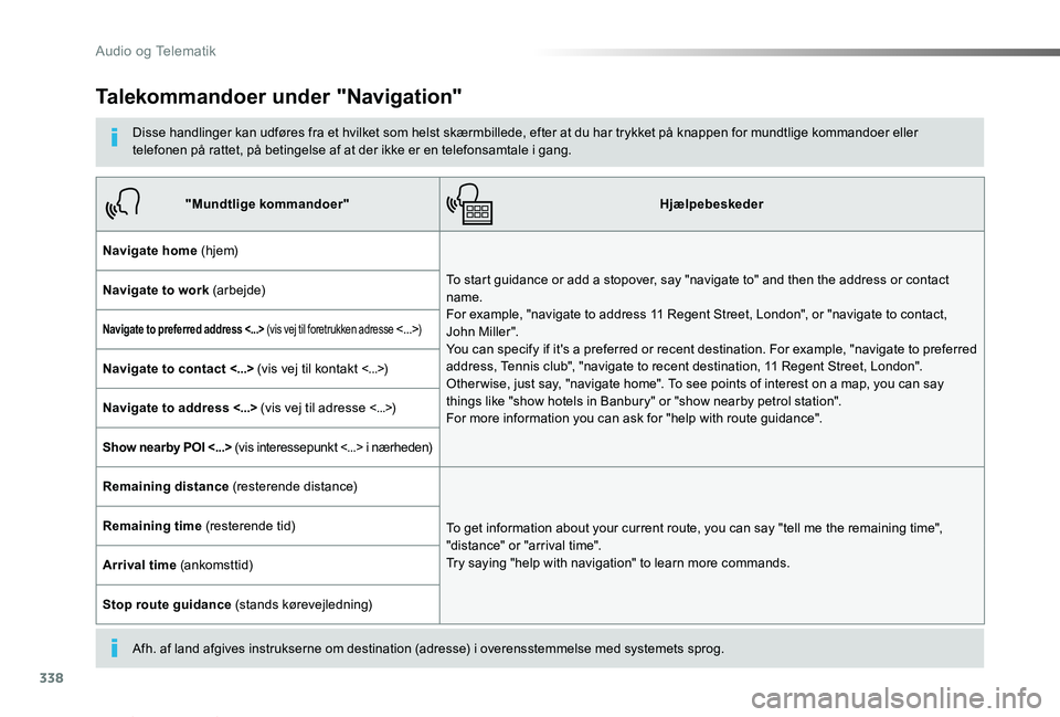 TOYOTA PROACE VERSO 2019  Brugsanvisning (in Danish) 338
ProaceVerso_da_Chap10b_NAC-1_ed01-2019
Talekommandoer under "Navigation"
Disse handlinger kan udføres fra et hvilket som helst skærmbillede, efter at du har trykket på knappen for mundt