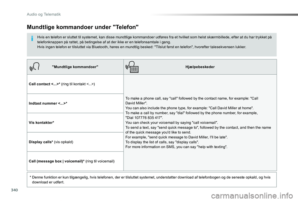 TOYOTA PROACE VERSO 2019  Brugsanvisning (in Danish) 340
ProaceVerso_da_Chap10b_NAC-1_ed01-2019
"Mundtlige kommandoer"Hjælpebeskeder
Call contact <...>* (ring til kontakt <...>)
To make a phone call, say "call" followed by the contact n