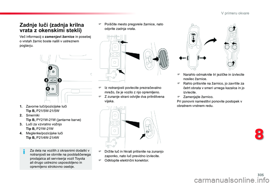 TOYOTA PROACE VERSO 2019 Navodila Za Uporabo (in Slovenian) 305
Proace Verso_sl_Chap08_En-cas-de-panne_ed01-2018
Zadnje luči (zadnja krilna
vrata z okenskimi stekli)
Več informacij o zamenjavi žarnice in posebej o vrstah žarnic boste našli v ustreznem po TOYOTA PROACE VERSO 2019 Navodila Za Uporabo (in Slovenian) 305
Proace Verso_sl_Chap08_En-cas-de-panne_ed01-2018
Zadnje luči (zadnja krilna
vrata z okenskimi stekli)
Več informacij o zamenjavi žarnice in posebej o vrstah žarnic boste našli v ustreznem po