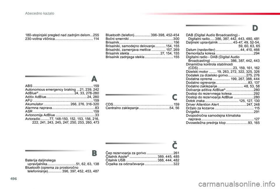 TOYOTA PROACE VERSO 2019 Navodila Za Uporabo (in Slovenian) 496
Proace Verso_sl_Chap11_index-alpha_ed01-2018
ABS ...............................................................159Autonomous emergency braking ...21, 239, 242AdBlue® .......................... TOYOTA PROACE VERSO 2019 Navodila Za Uporabo (in Slovenian) 496
Proace Verso_sl_Chap11_index-alpha_ed01-2018
ABS ...............................................................159Autonomous emergency braking ...21, 239, 242AdBlue® ..........................