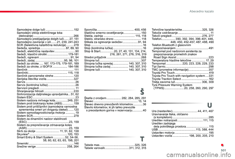 TOYOTA PROACE VERSO 2019  Navodila Za Uporabo (in Slovenian) 501
Proace Verso_sl_Chap11_index-alpha_ed01-2018
Sporočila ..............................................400, 456Statično smerno osvetljevanje ......................15 0Stekla, zadnja  .............