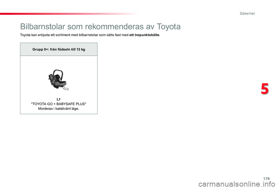 TOYOTA PROACE VERSO 2019 Bruksanvisningar (in Swedish) 179
Grupo 0+: desde el nacimiento hasta 13 kg
L1 "TOYOTA GO + BABYSAFE PLUS" Monteras i bakåtvänt läge.
Grupp 0+: från födseln till 13 kg
Proace verso_sv_Chap05_securite_ed01-2019
Bilbarn TOYOTA PROACE VERSO 2019 Bruksanvisningar (in Swedish) 179
Grupo 0+: desde el nacimiento hasta 13 kg
L1 "TOYOTA GO + BABYSAFE PLUS" Monteras i bakåtvänt läge.
Grupp 0+: från födseln till 13 kg
Proace verso_sv_Chap05_securite_ed01-2019
Bilbarn