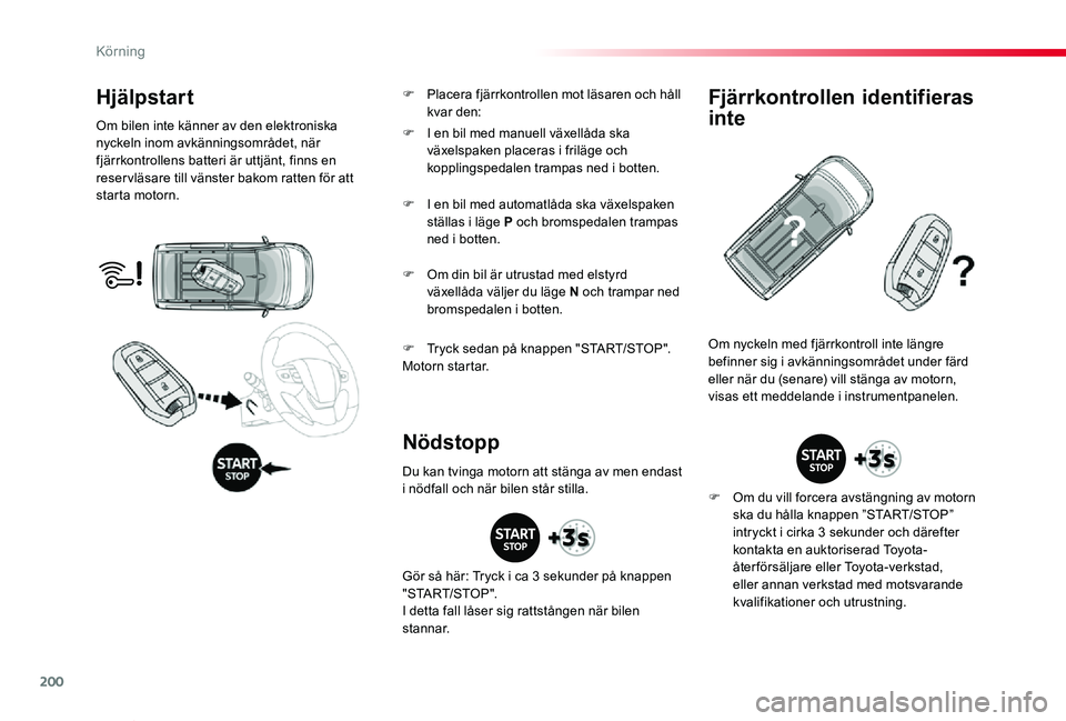 TOYOTA PROACE VERSO 2019 Bruksanvisningar (in Swedish) 200
Proace verso_sv_Chap06_conduite_ed01-2019
Hjälpstart
Om bilen inte känner av den elektroniska nyckeln inom avkänningsområdet, när fjärrkontrollens batteri är uttjänt, finns en reser vläsa TOYOTA PROACE VERSO 2019 Bruksanvisningar (in Swedish) 200
Proace verso_sv_Chap06_conduite_ed01-2019
Hjälpstart
Om bilen inte känner av den elektroniska nyckeln inom avkänningsområdet, när fjärrkontrollens batteri är uttjänt, finns en reser vläsa