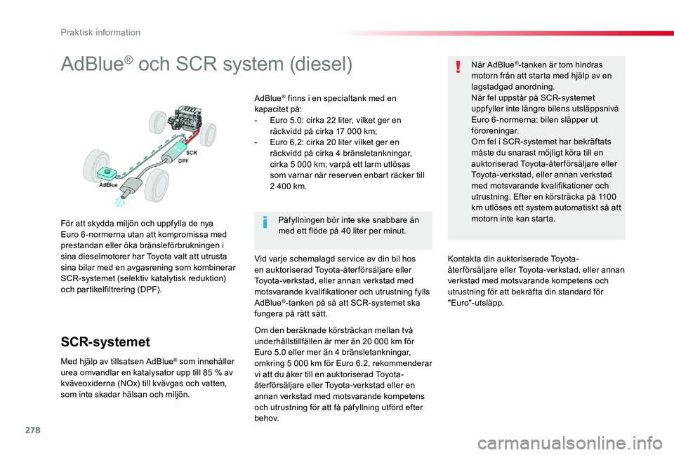 TOYOTA PROACE VERSO 2019 Bruksanvisningar (in Swedish) 278
AdBlue® och SCR system (diesel)
För att skydda miljön och uppfylla de nya Euro 6-normerna utan att kompromissa med prestandan eller öka bränsleförbrukningen i sina dieselmotorer har Toyota v TOYOTA PROACE VERSO 2019 Bruksanvisningar (in Swedish) 278
AdBlue® och SCR system (diesel)
För att skydda miljön och uppfylla de nya Euro 6-normerna utan att kompromissa med prestandan eller öka bränsleförbrukningen i sina dieselmotorer har Toyota v